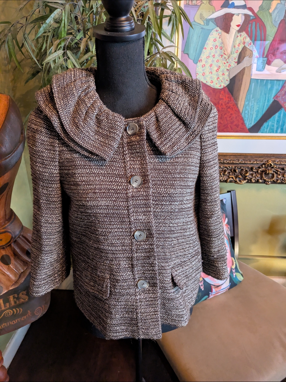 Ann Taylor Brown Textured Button-Front Blazer with Statement Collar